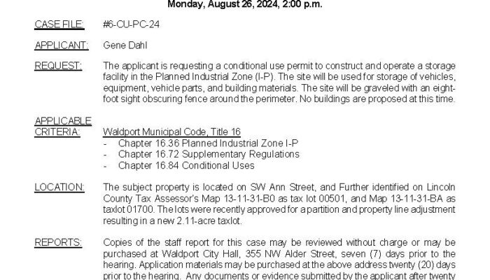 NOTICE OF PUBLIC HEARING WALDPORT PLANNING COMMISSION