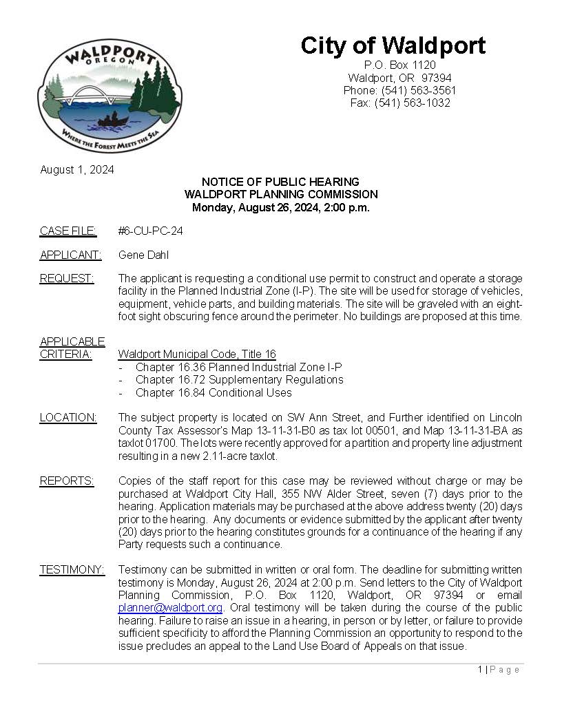 NOTICE OF PUBLIC HEARING WALDPORT PLANNING COMMISSION