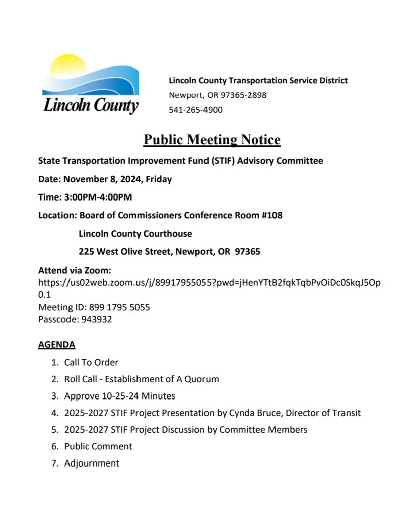 Lincoln County Transportation Improvement Fund Public Meeting Notice Lincoln County Courthouse Oregon