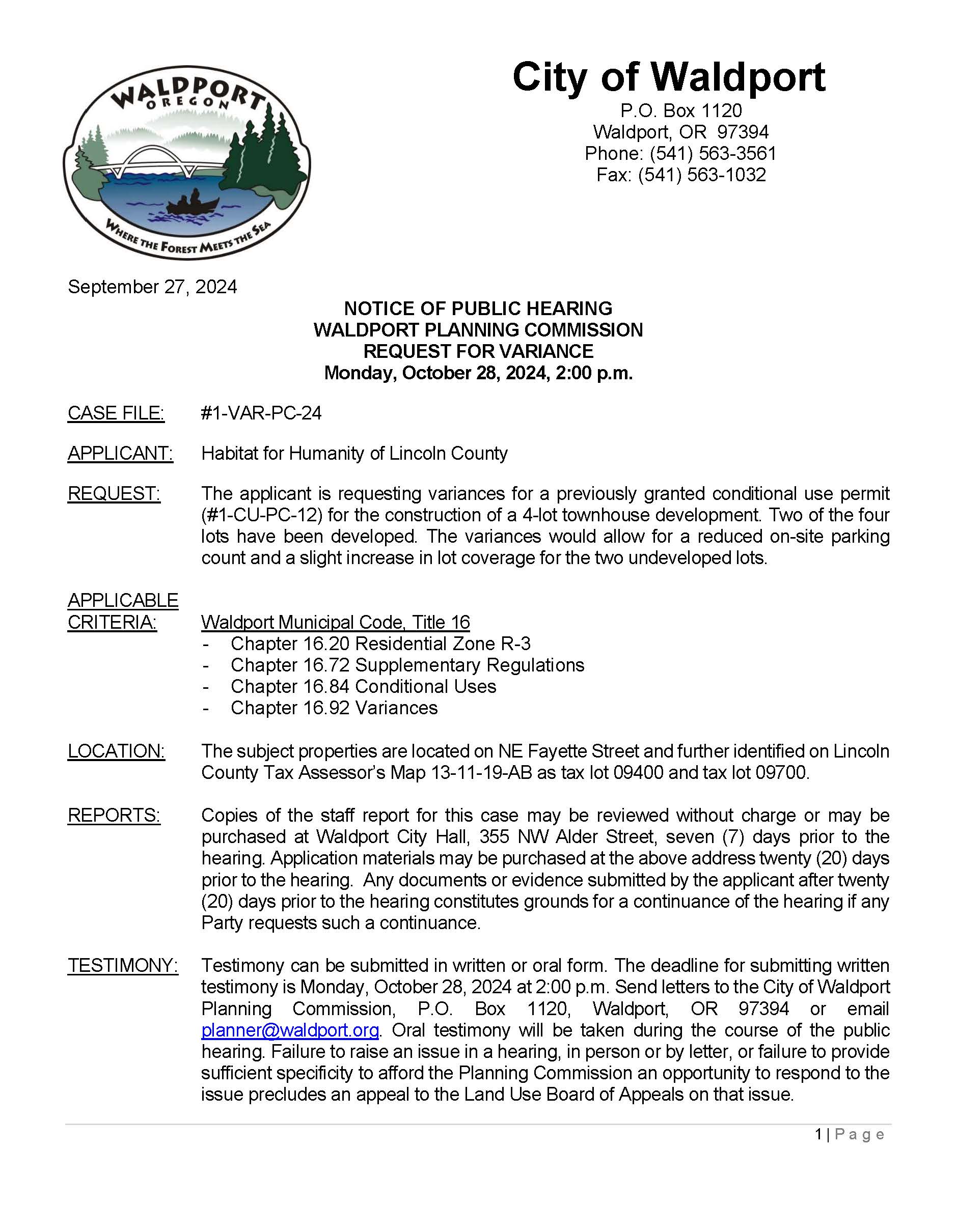 City of Waldport Notice of Public Hearing