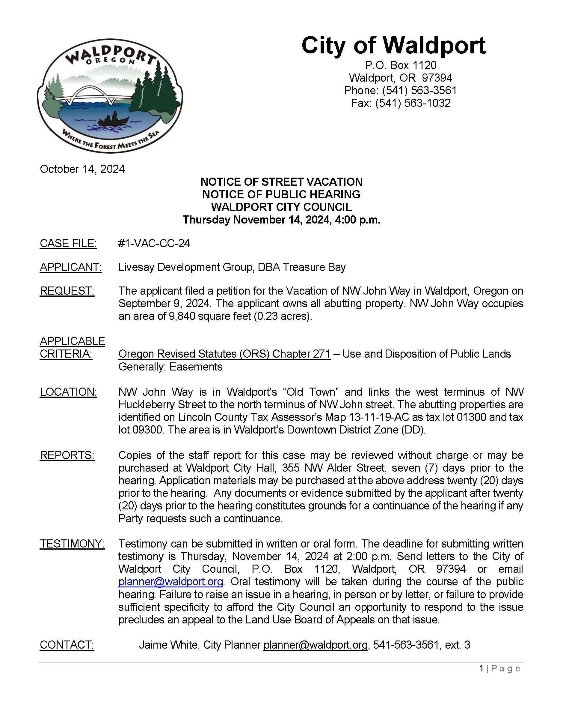 City of Waldport Notice of Street Vacation